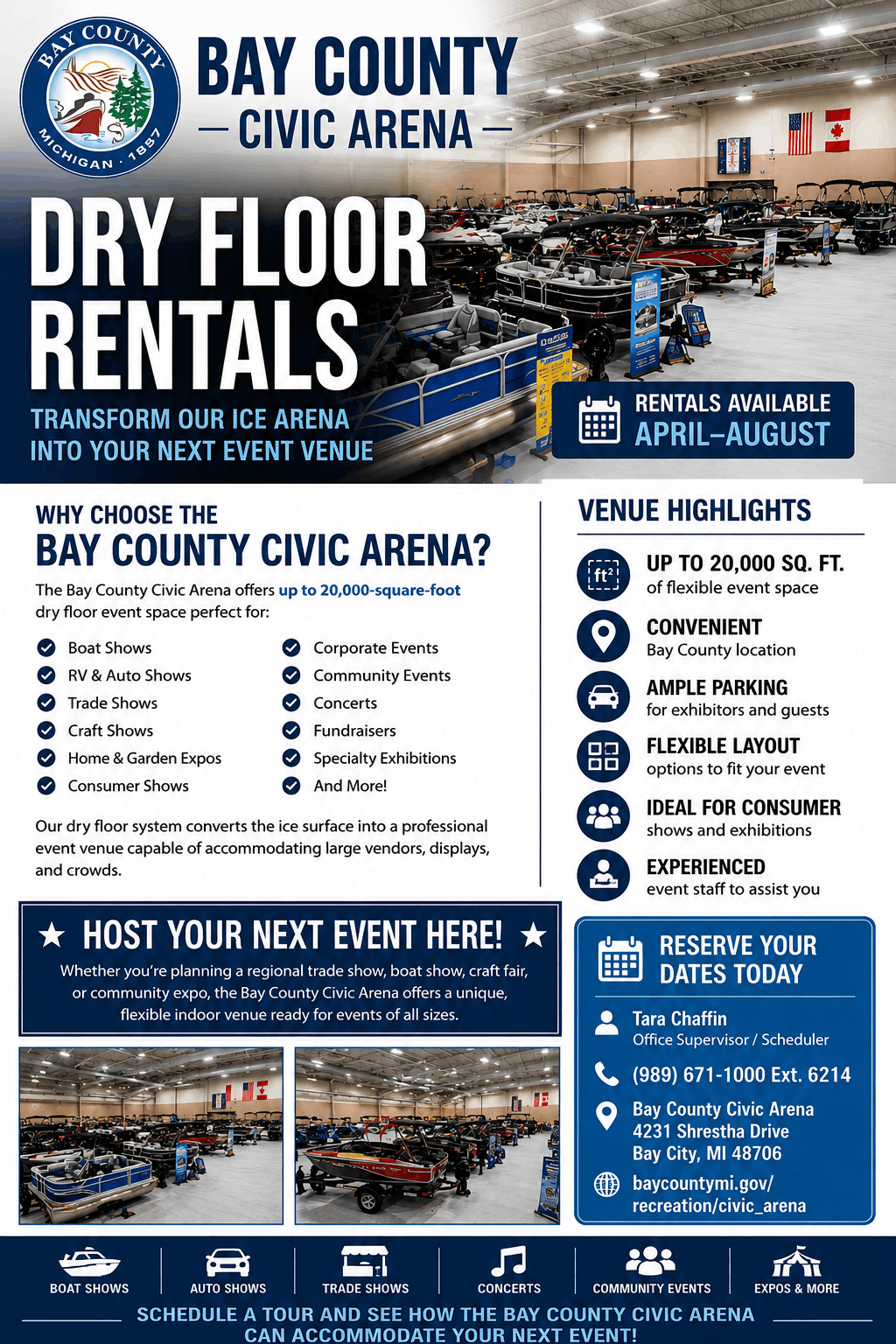 Promotional flyer for Bay County Civic Arena Dry Floor Rentals. The flyer features a large photo of the arena configured with a dry floor during a boat show and highlights that the venue offers up to 20,000 square feet of flexible event space available for rent from April through August. It promotes the facility for boat shows, auto and RV shows, trade shows, craft shows, concerts, community events, fundraisers, and other exhibitions. The flyer includes venue highlights, reservation information, and Bay County Civic Arena contact details.