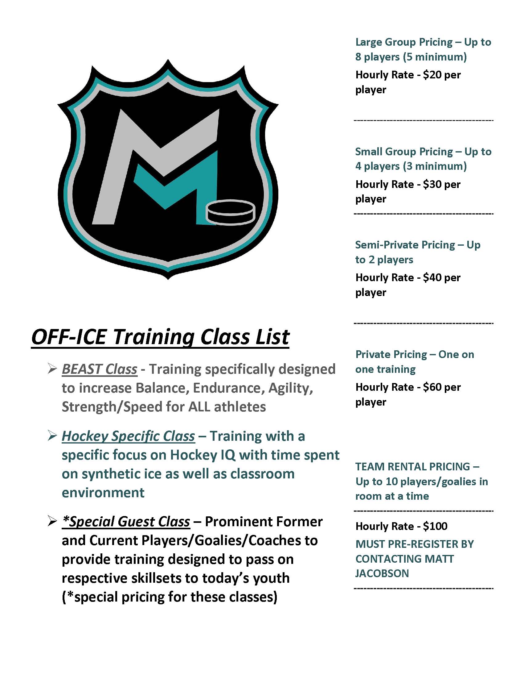 Mid-Michigan Hockey Developmeny Program Off-Ice Training Class List & Pricing 