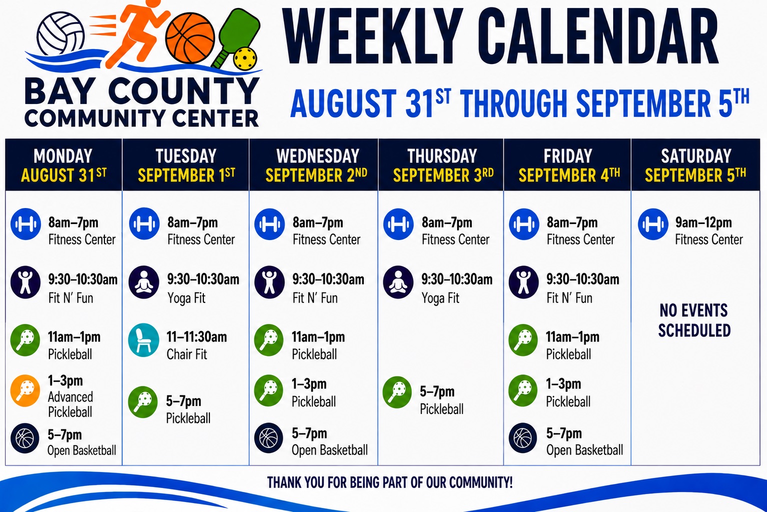 Bay County Community Center Calendar August 31-September 5