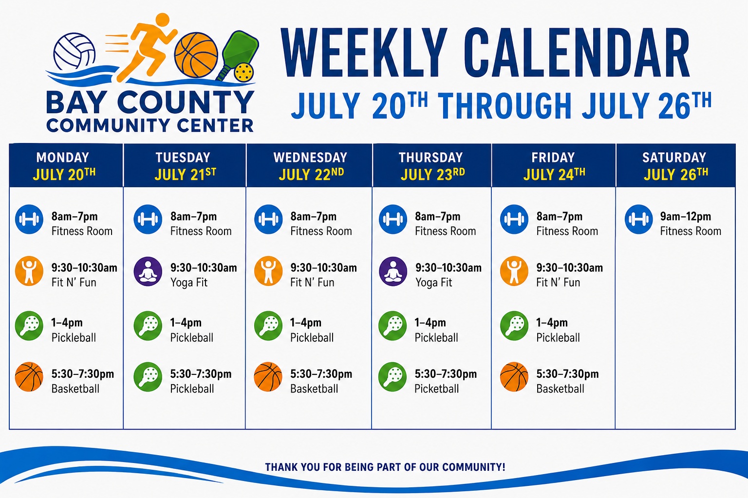 Bay County Community Center Weekly Calendar for July 20 - July 26, 2026